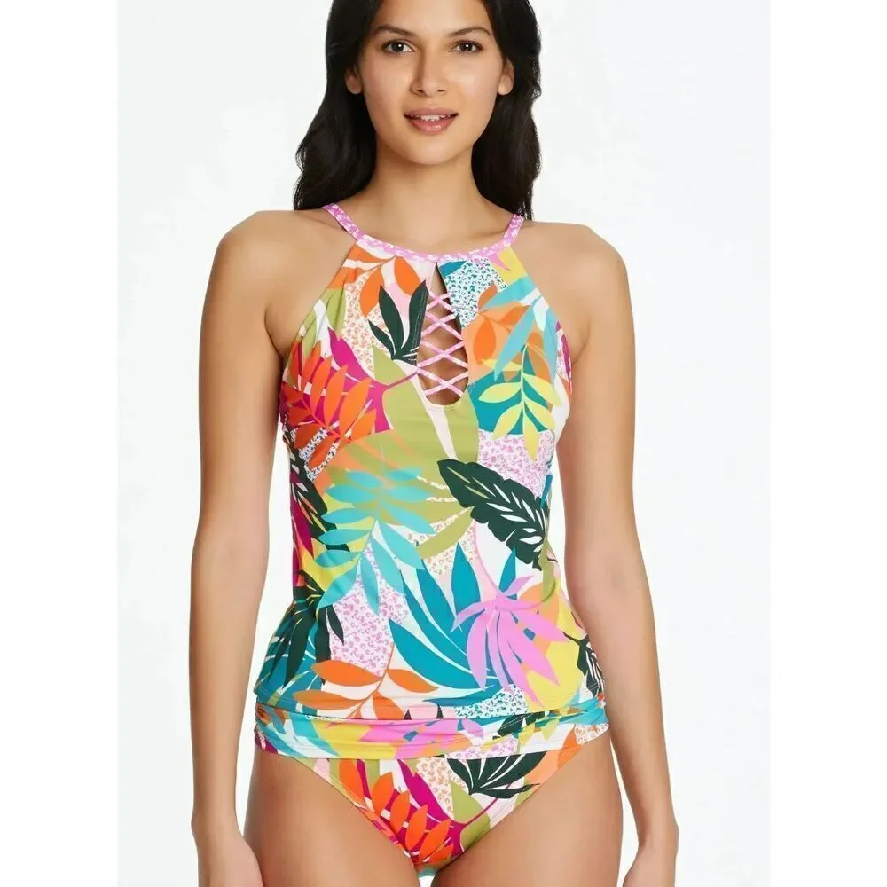 NEW. Bleu Rod Beattie underwire tropical print high neck tankini top. 10. Retail